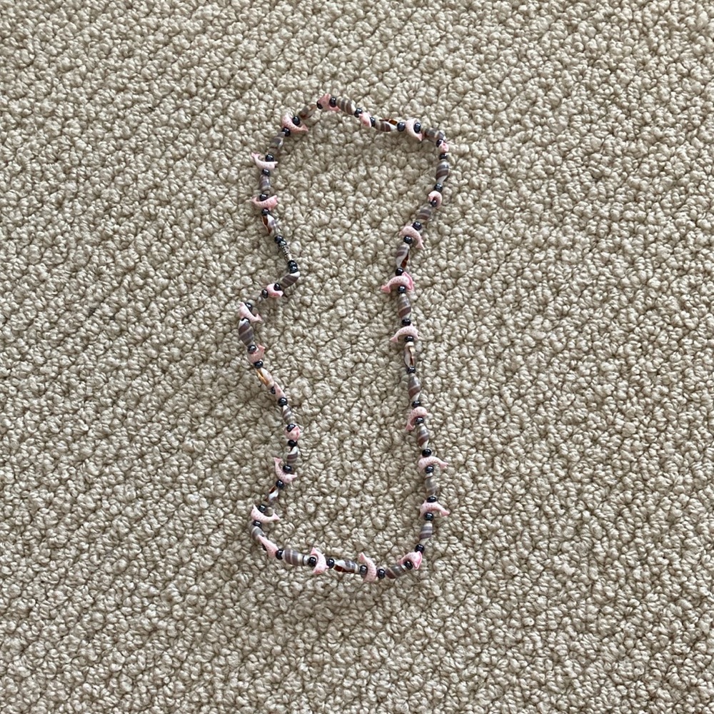 Pink Dolphin Seashell Necklace Beaded Necklace Spin Closure Beach Boho EUC